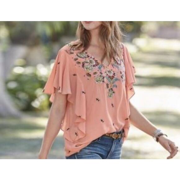Sundance Magdalena Floral Embroidered Flutter Sleeve Boho Top Pink Womens Size M - Picture 3 of 12